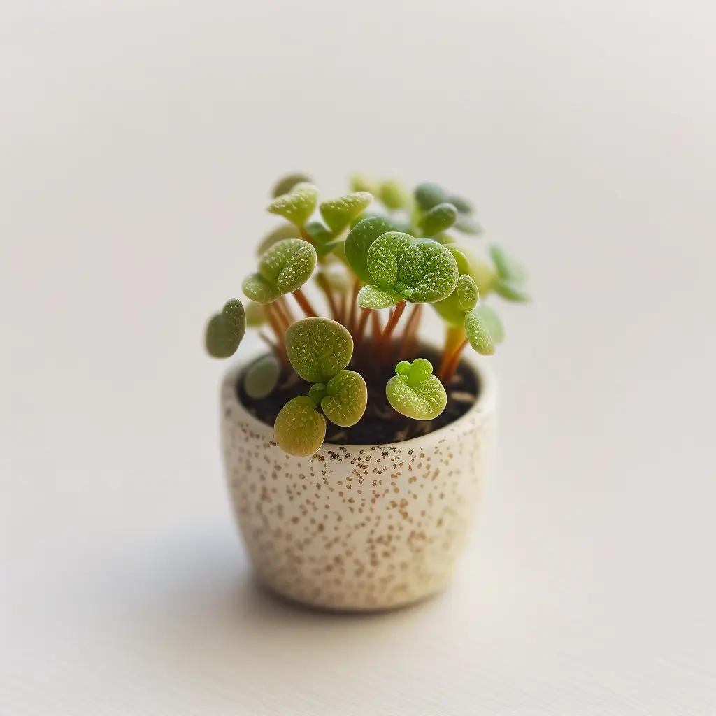 cute mini Pilea plant in a pot, white background, f2.8 3.5, 50mm lens, tilt shift photography